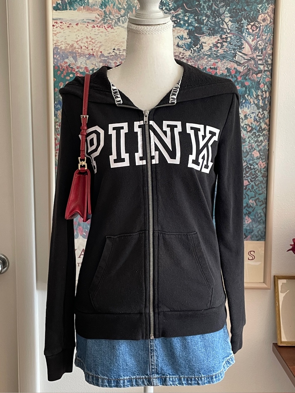 Pink Victoria's Secret Zip Up Hoodie XS Black Logo Graphic Sporty Athletic Y2K